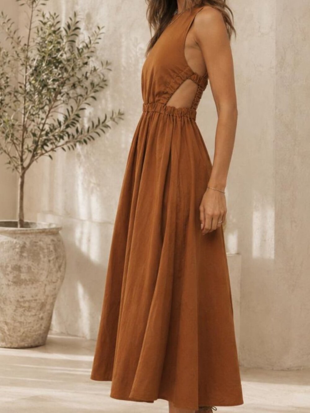Open Cage Back Midi Dress Light Brown